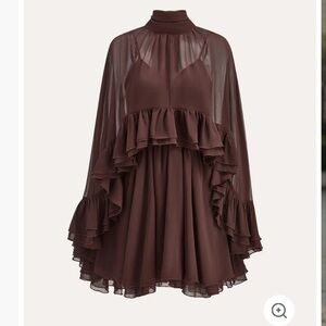 Commense semi sheer chiffon ruffle dress with outer cape dark chocolate brown L